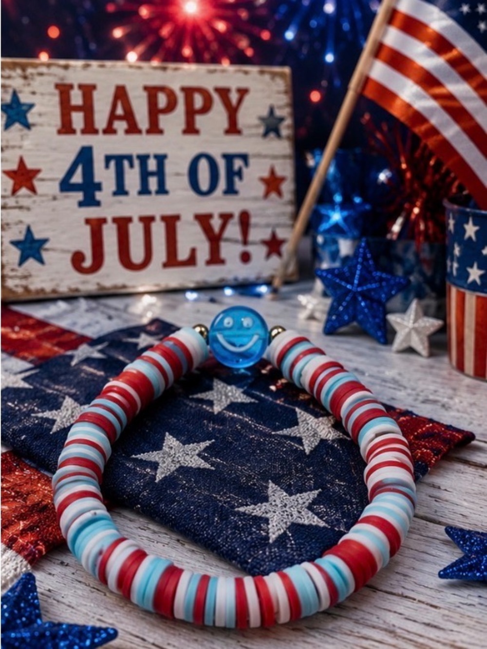 4th of July Red, White & Blue Beaded Bracelet with Smiley Charm